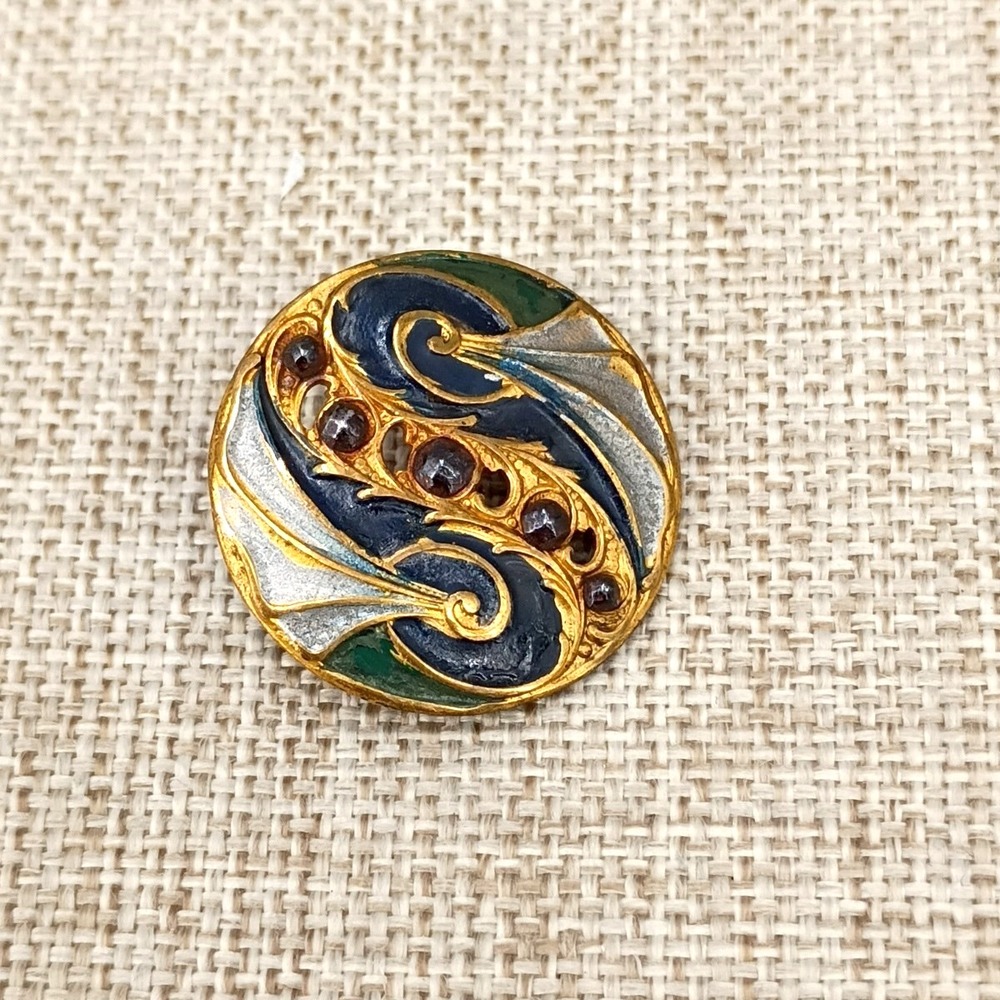 Antique Brass Enamel Cut Steel Button Pierced 22mm Art Nouveau Green Blue Swirl